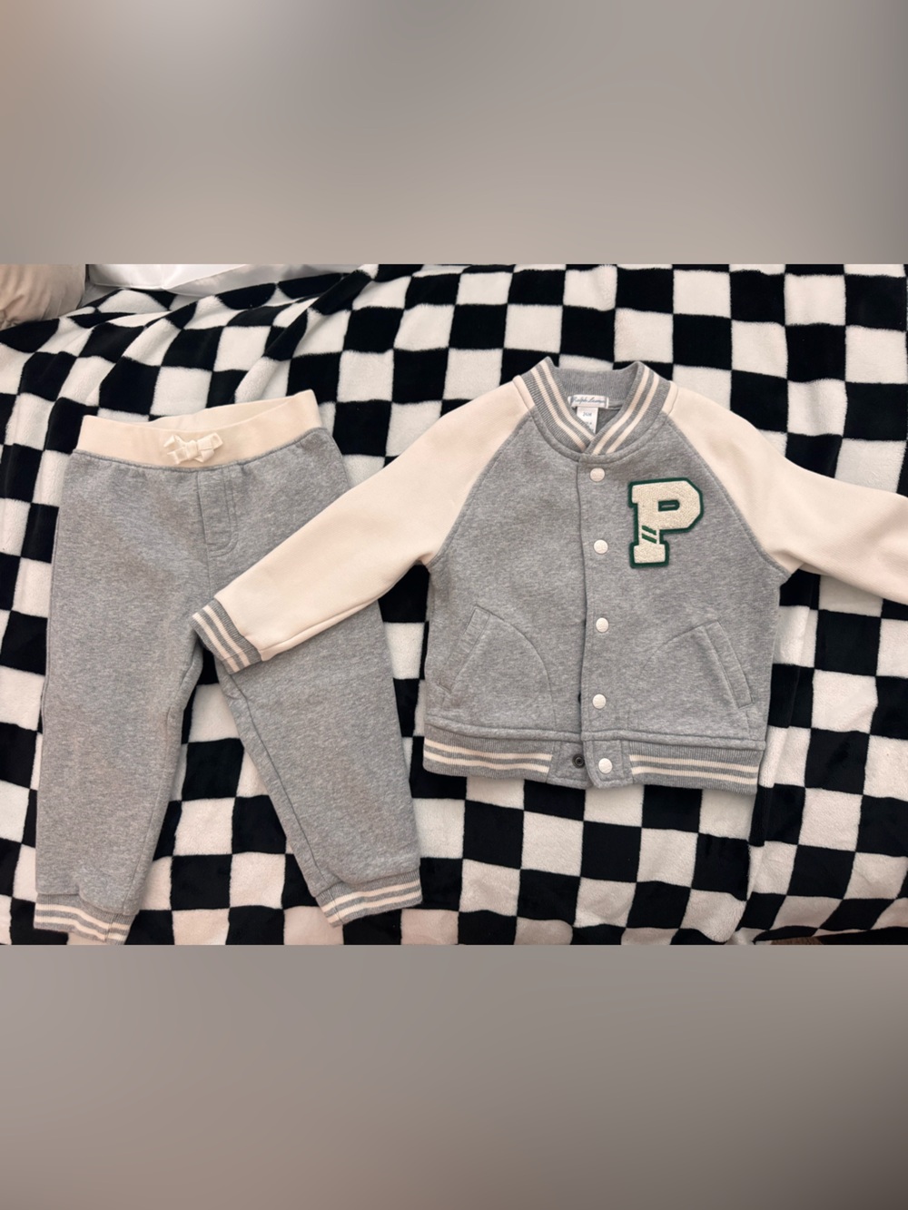 Ralph Lauren Gray and Cream Kids Varsity Jacket Set with Green 'P' Patch